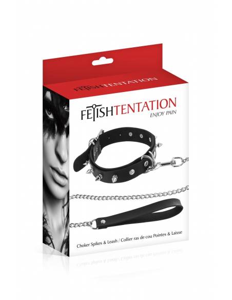 Collier à pointes métalliques & laisse Fetish Tentation boite