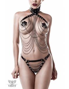 Ensemble lingerie SM cuir et chaînes 3 pièces Grey Velvet