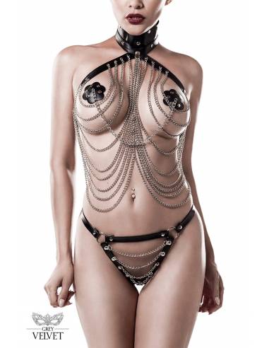 Ensemble lingerie SM cuir et chaînes 3 pièces Grey Velvet