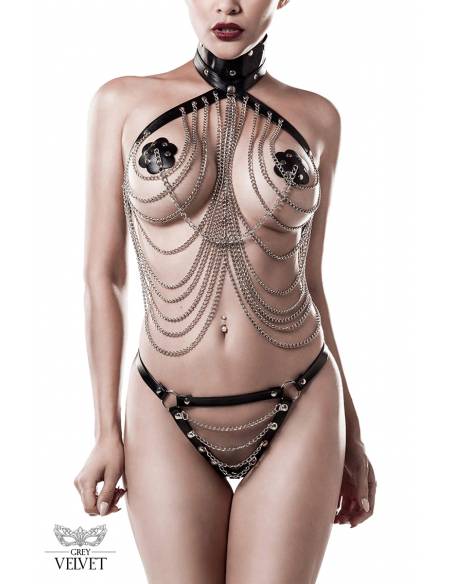 Ensemble lingerie SM cuir et chaînes 3 pièces Grey Velvet