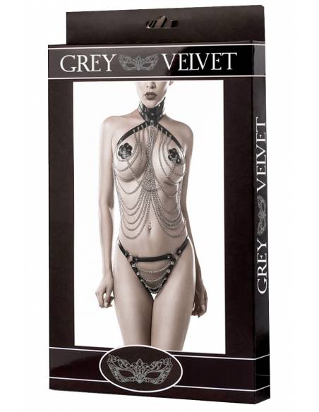 Ensemble lingerie SM cuir et chaînes 3 pièces Grey Velvet boite