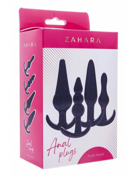 boite du kit de 4 petits plugs anal de formes variées en PVC noir